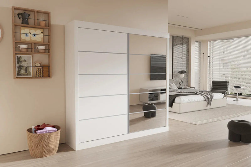 MIKE – Armoire blanche à 2 portes coulissantes dont 1 miroir – 182,5 cm