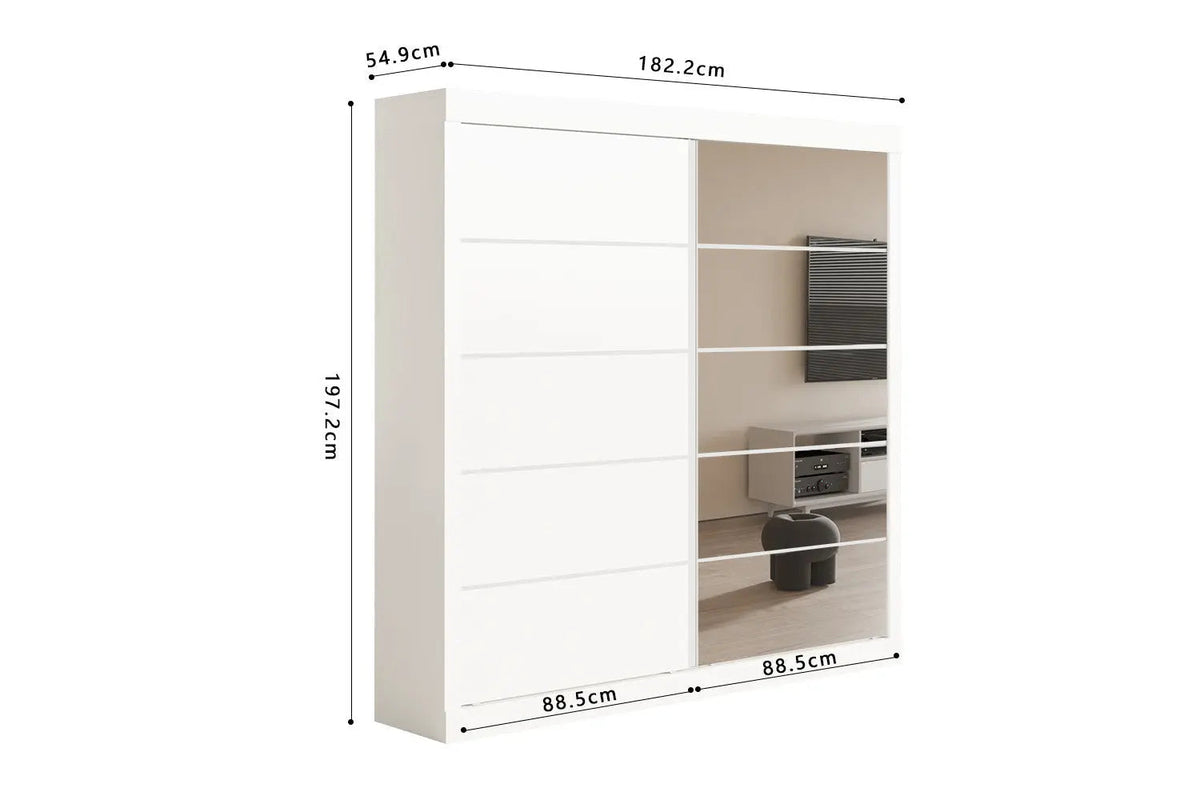 Armoire 2 portes coulissante avec porte miroir MIKA blanc - 182.5 cm