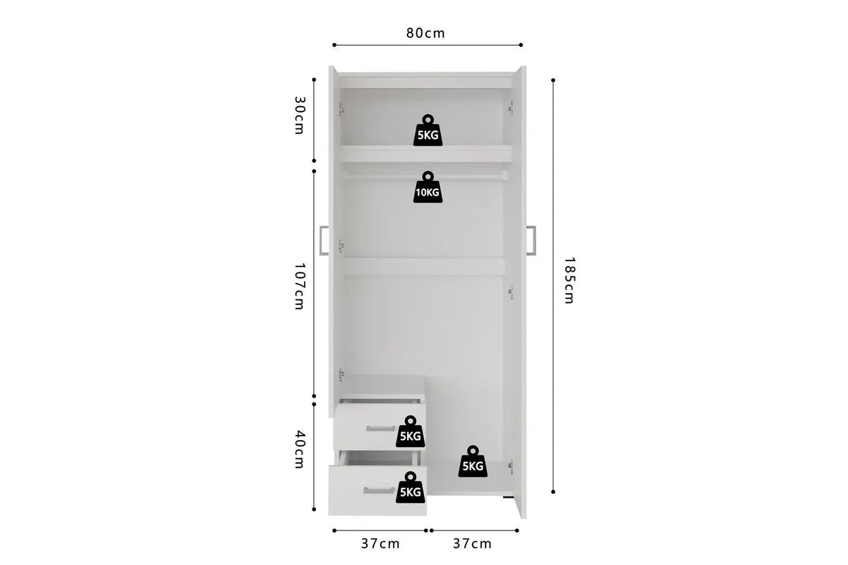 Armoire 2 portes avec miroir MARCO - 80 cm