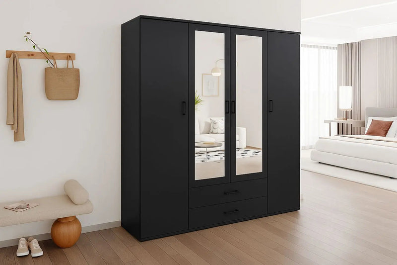 MARC – Armoire gris foncé 4 portes dont 2 miroirs – 160 cm