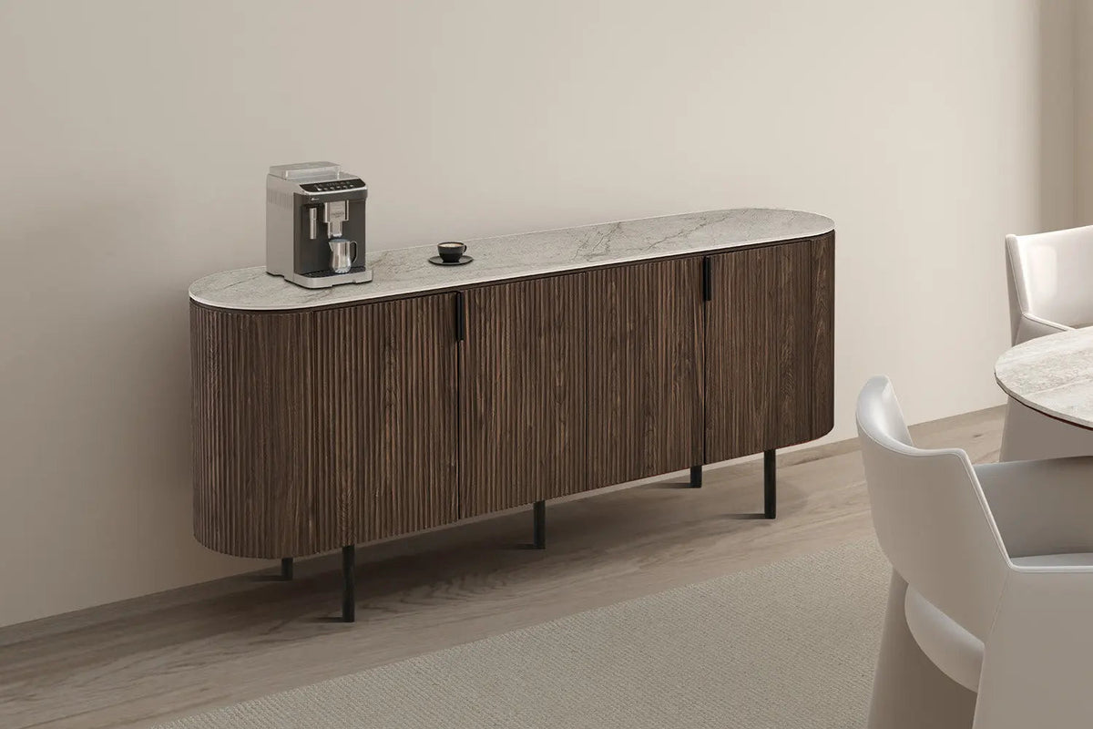 VIGO – Buffet décor chêne et plateau en pierre frittée – 200 x 45 cm