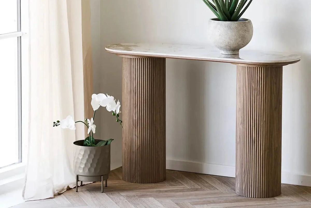 Console ATHENS avec un plateau en céramique, blanc, marron foncé 40 x 120 x 78 cm