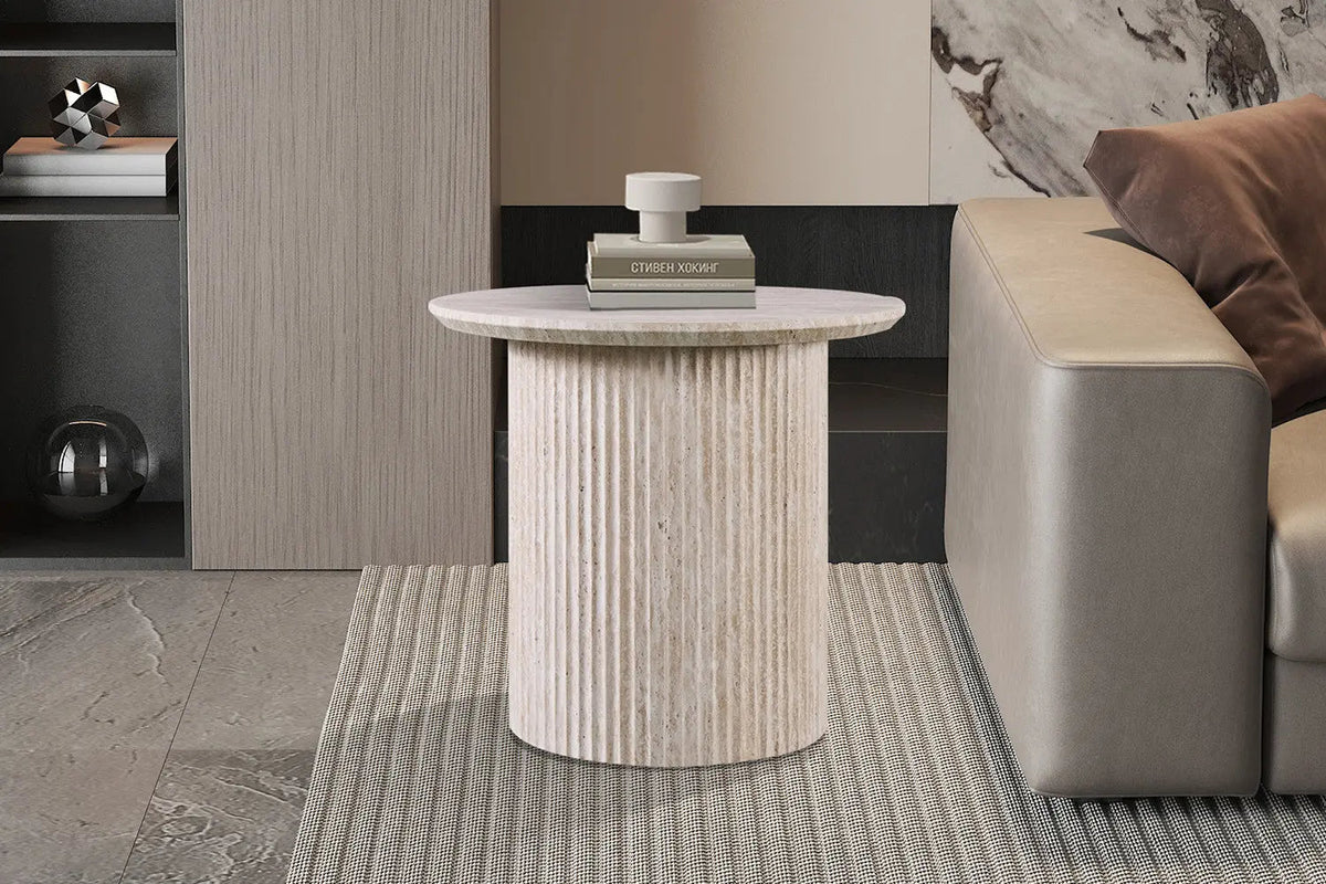LAGOS – Table d'appoint ronde effet travertin beige – Ø 50 cm