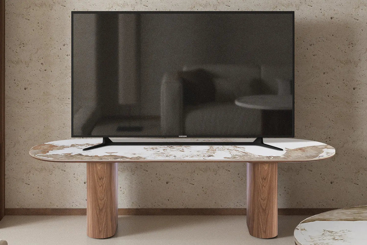 Meuble TV AVORA avec Plateau en Pierre Brillante Beige - 160 x 45 cm