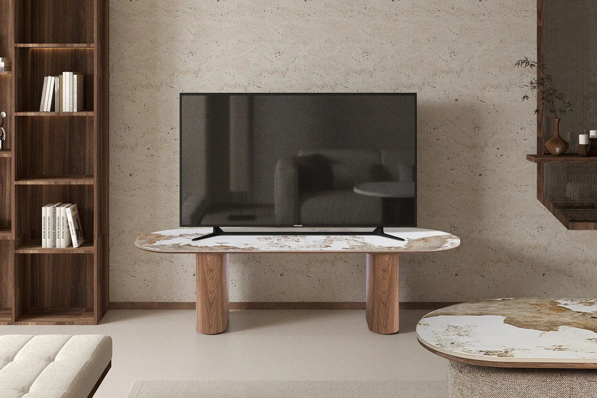 Meuble TV AVORA avec Plateau en Pierre Brillante Beige - 160 x 45 cm
