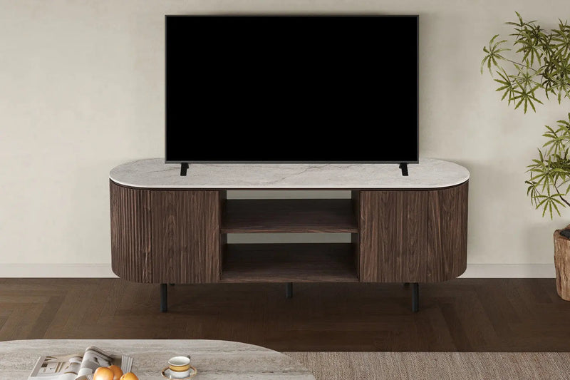 VIGO – Meuble TV en pierre frittée et décor chêne, 2 coloris – 160 x 45 cm