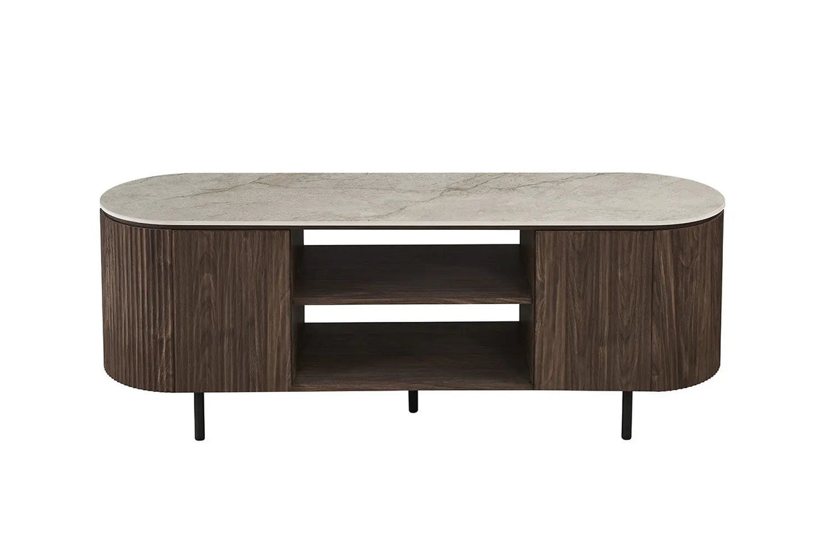 Meuble TV VEKO Décor Chêne et Plateau Pierre Frittée - 160 x 45 cm
