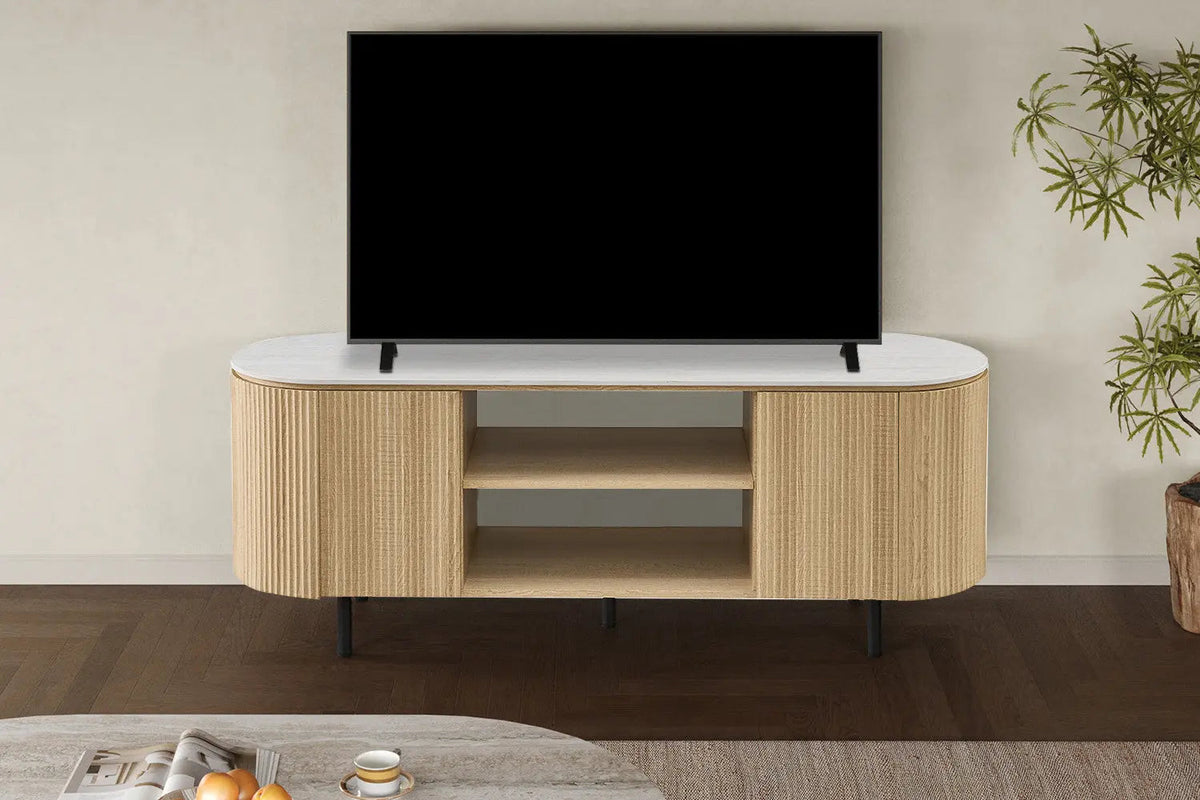 Meuble TV VEKO Décor Chêne et Plateau Pierre Frittée - 160 x 45 cm