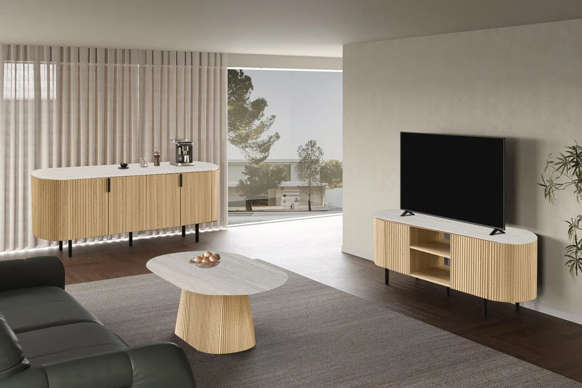 Meuble TV VEKO Décor Chêne et Plateau Pierre Frittée - 160 x 45 cm