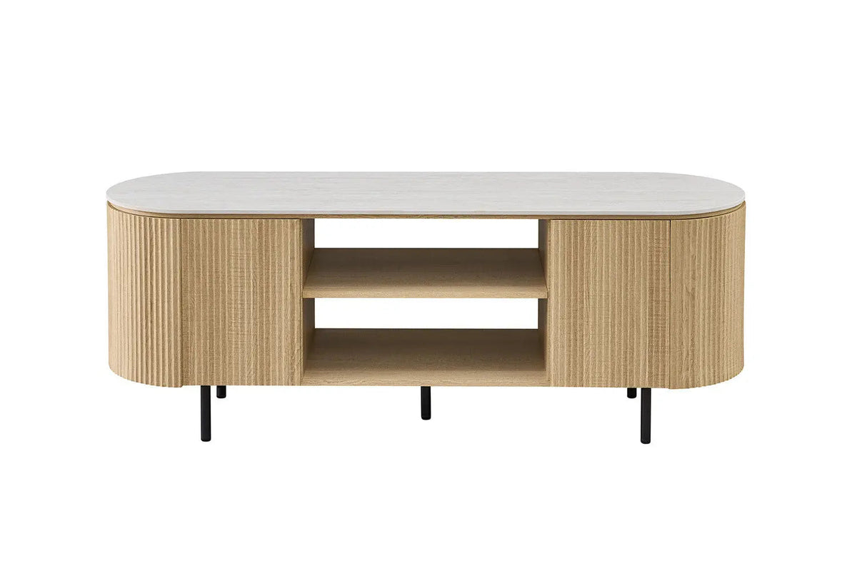 Meuble TV VEKO Décor Chêne et Plateau Pierre Frittée - 160 x 45 cm