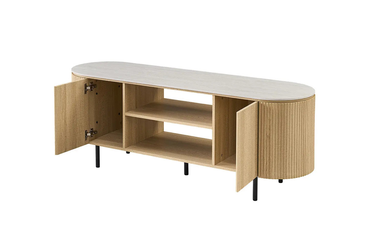 Meuble TV VEKO Décor Chêne et Plateau Pierre Frittée - 160 x 45 cm