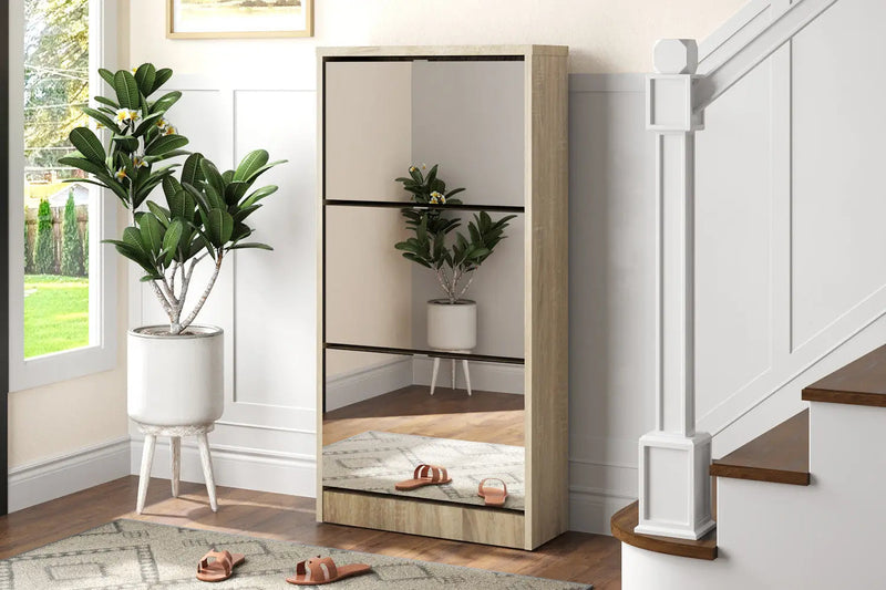 MEX – Meuble à chaussures 3 abattants et miroir, chêne sonoma – 123 x 60,5 cm