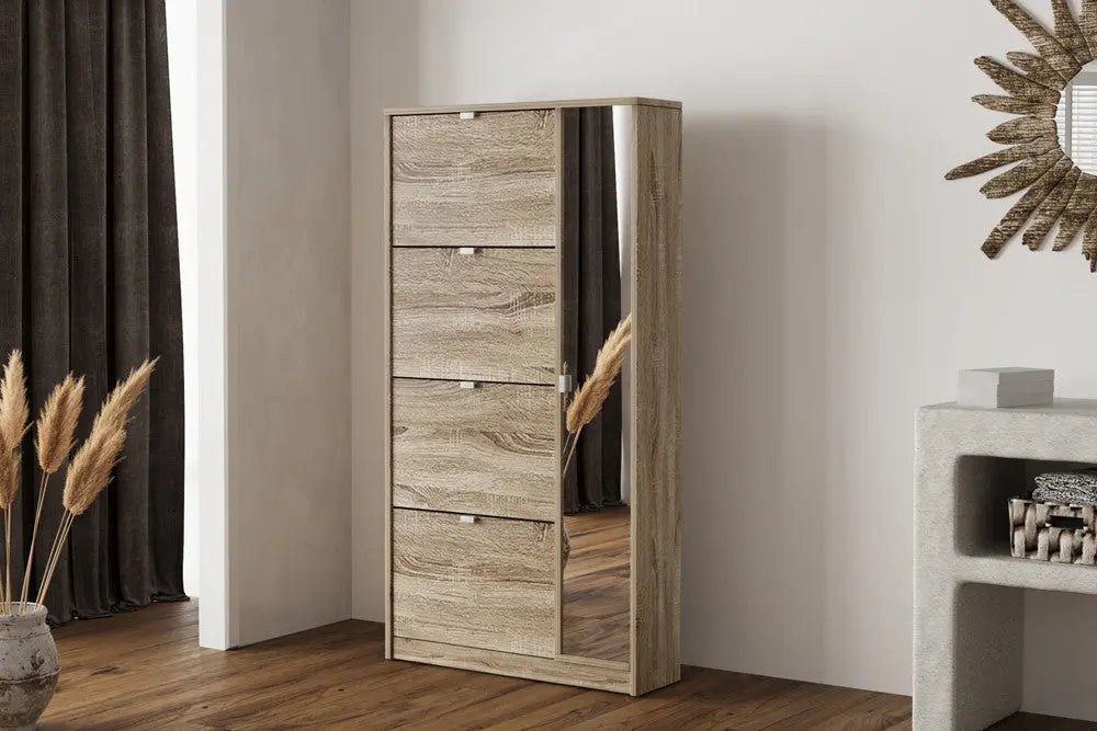 Meuble à Chaussures, 4 tiroirs et 1 porte miroir MARCELO Finition Chêne Sonoma - 159 x 85 cm