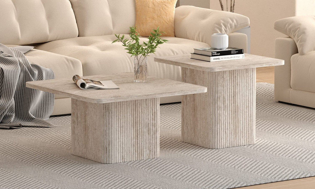 BOBBY – Set de 2 Tables Basses Effet Travertin Beige