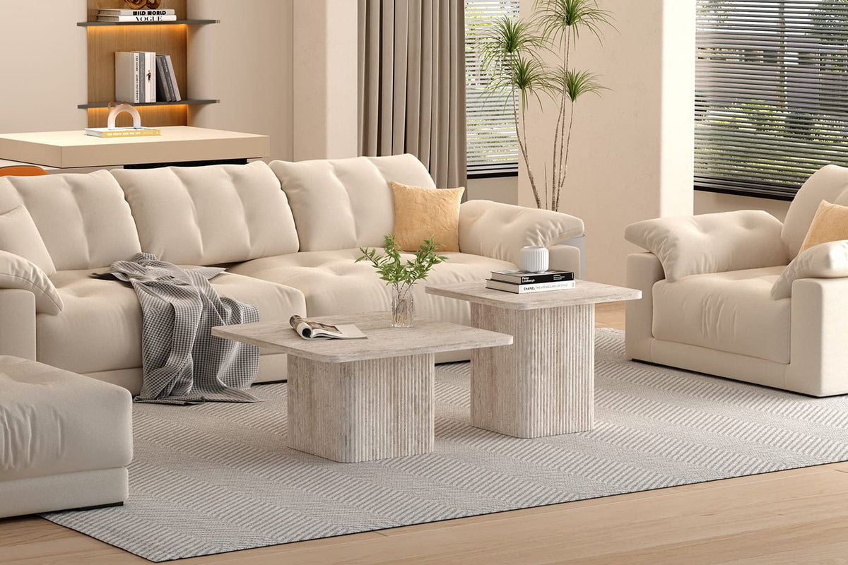 BOBBY – Set de 2 Tables Basses Effet Travertin Beige
