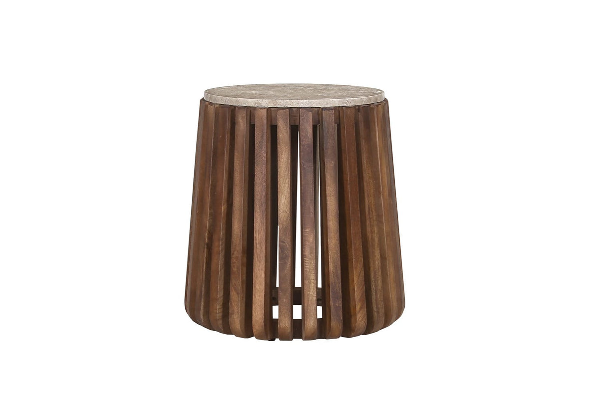 LUUK – Table basse Ronde en Bois de Manguier Effet Travertin – 40 cm