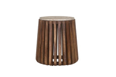 LUUK – Table basse Ronde en Bois de Manguier Effet Travertin – 40 cm