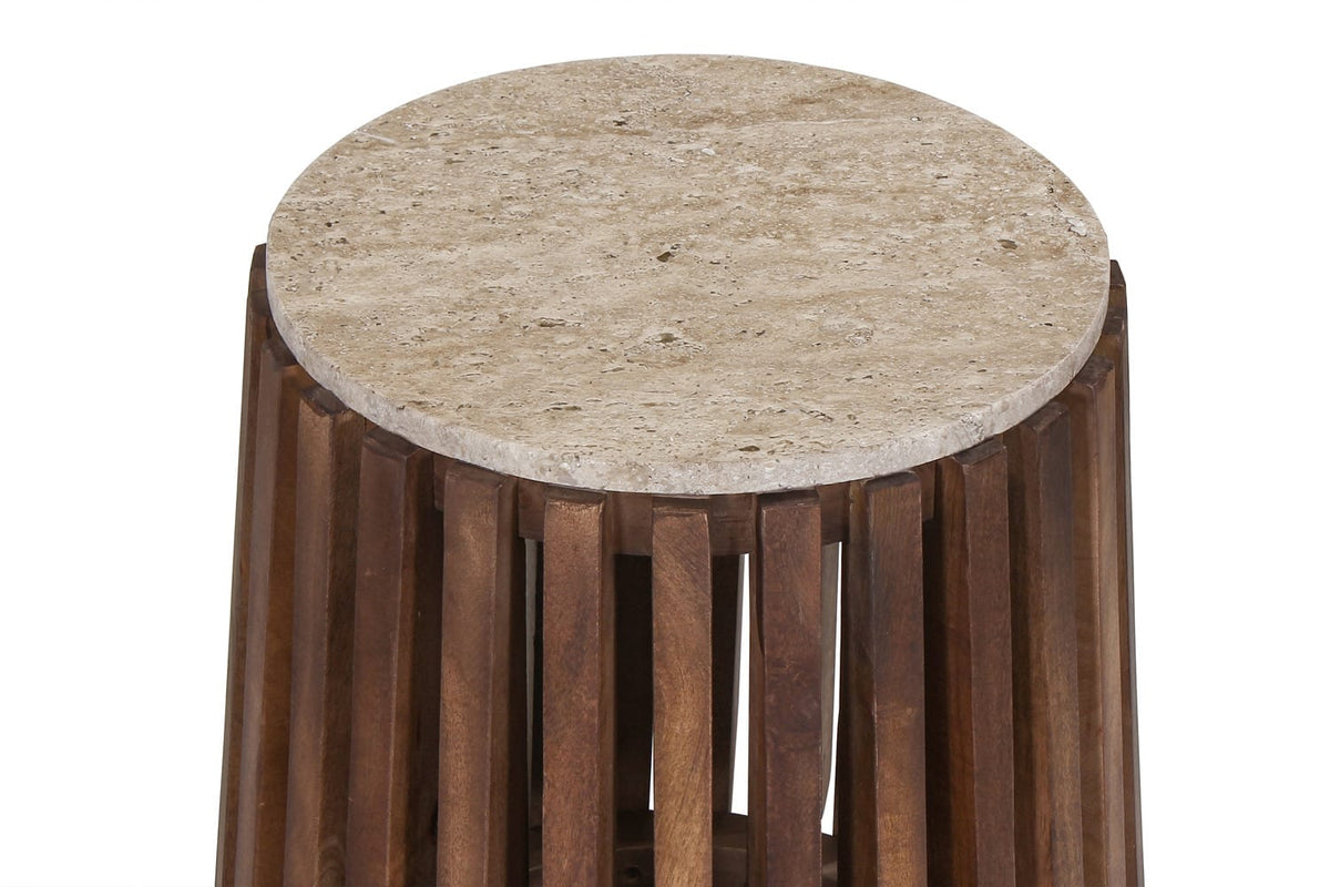 LUUK – Table basse Ronde en Bois de Manguier Effet Travertin – 40 cm