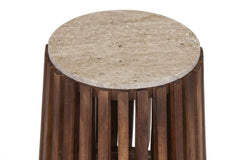 LUUK – Table basse Ronde en Bois de Manguier Effet Travertin – 40 cm