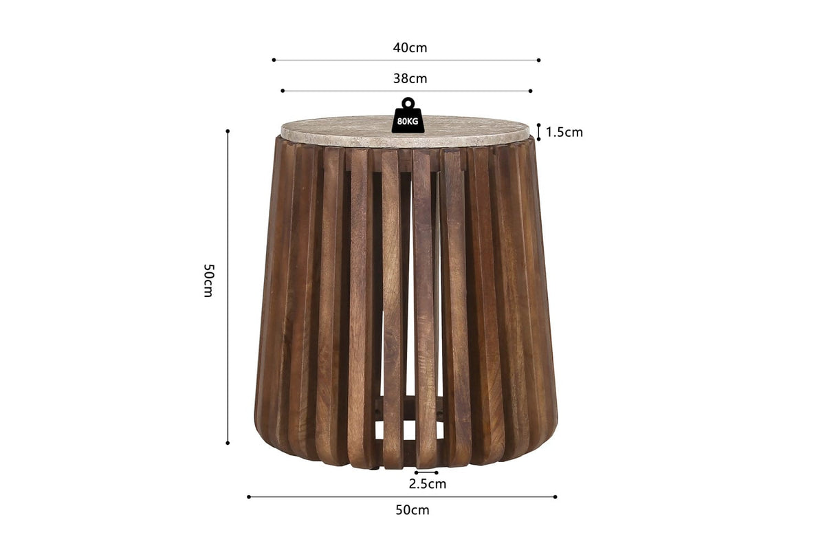 LUUK – Table basse Ronde en Bois de Manguier Effet Travertin – 40 cm