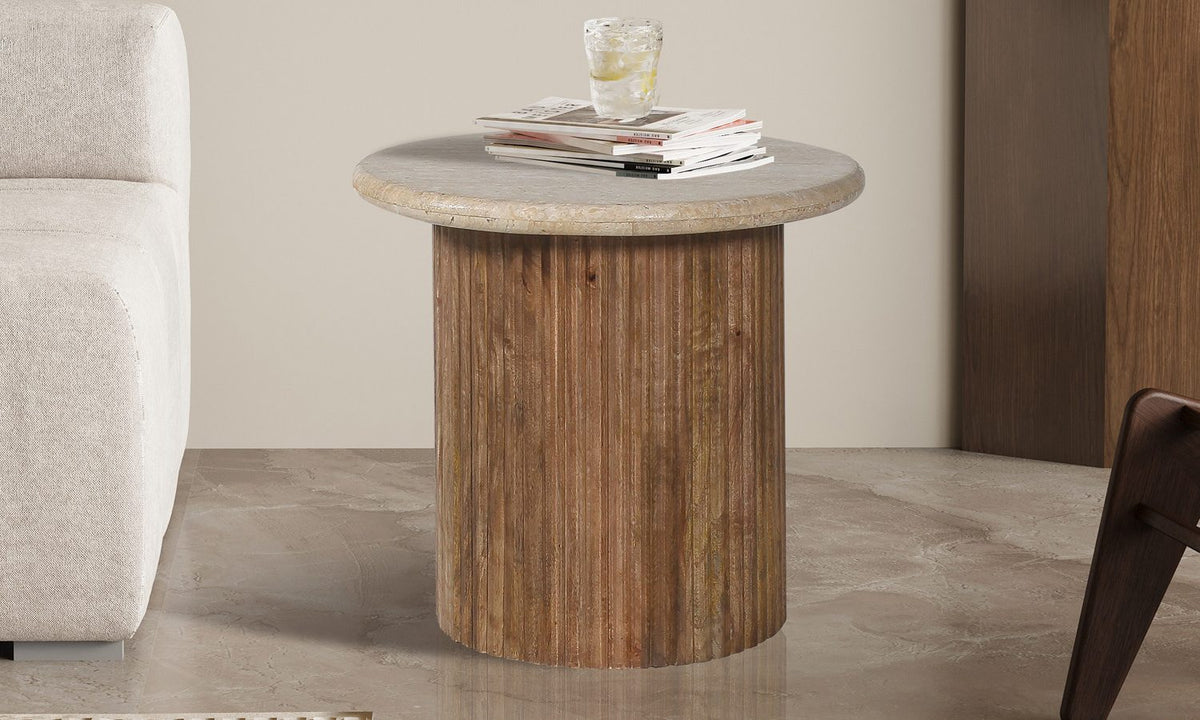 LOUIS – Table Basse en Bois de Manguier Effet Travertin Beige – 50 cm