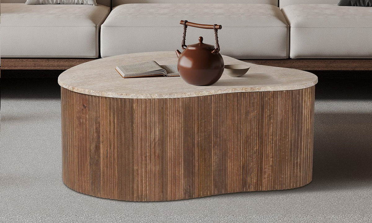 PAUL – Table Basse en Bois de Manguier et Travertin véritable – 83 cm