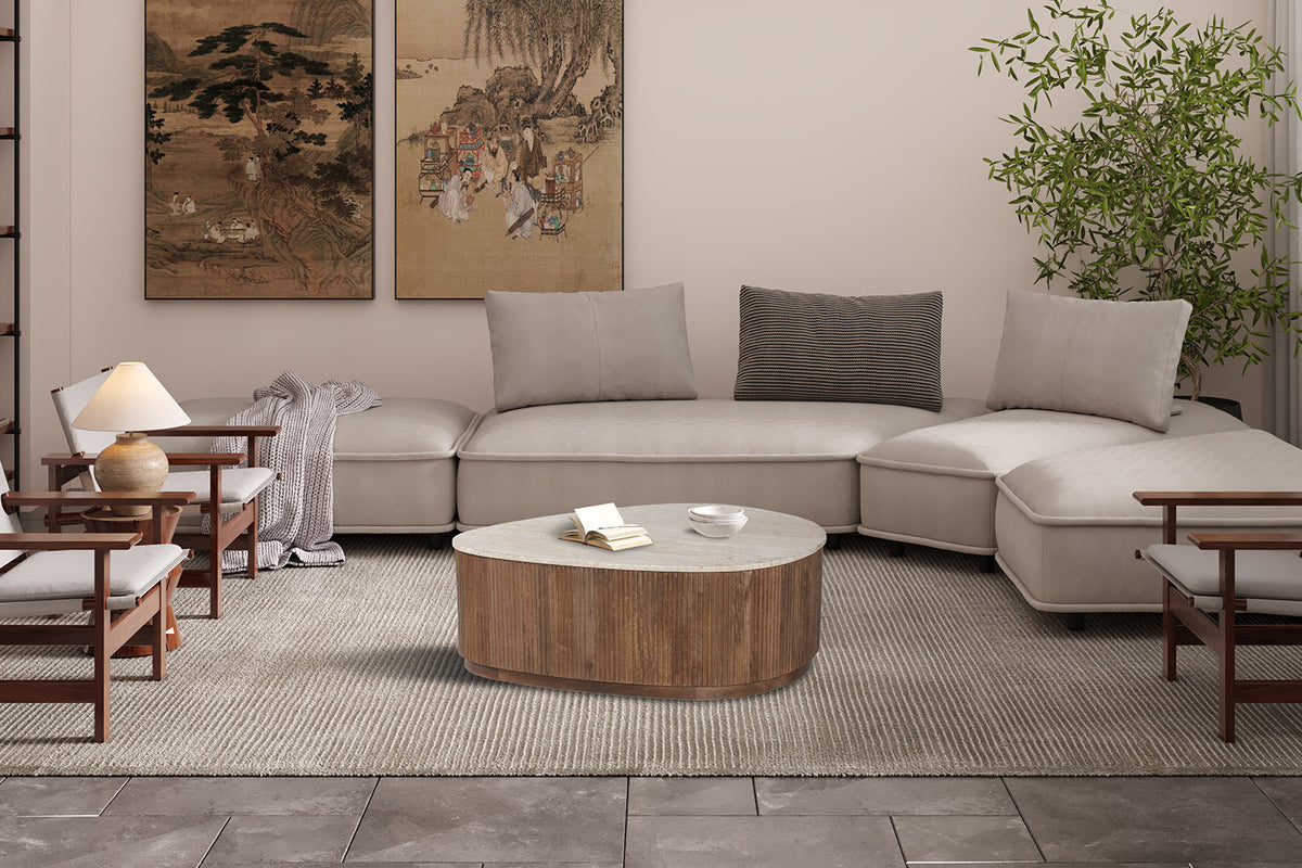 NOLAN – Table Basse en Bois de Manguier et Travertin véritable – 100 cm