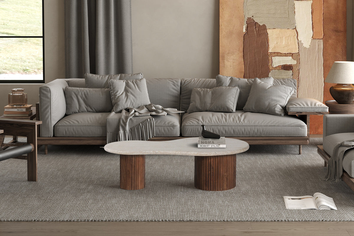 MARLON – Table Basse en Bois de Manguier et Travertin véritable – 120 cm