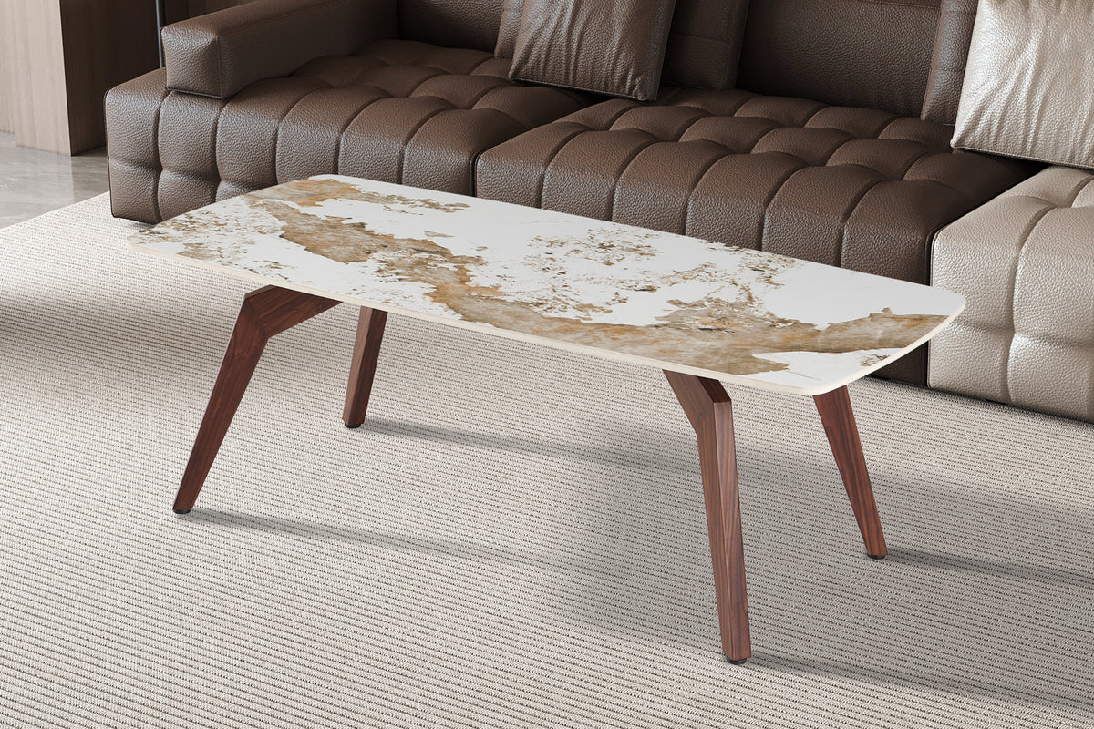 ALMA – Table basse pierre brillante Pandora, pied noyer – 120 x 60 cm