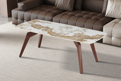 ALMA – Table basse pierre brillante Pandora, pied noyer – 120 x 60 cm
