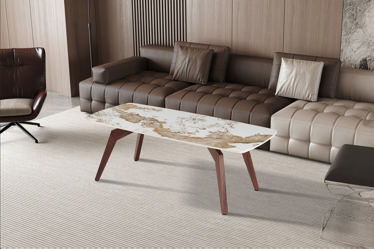 ALMA – Table basse pierre brillante Pandora, pied noyer – 120 x 60 cm