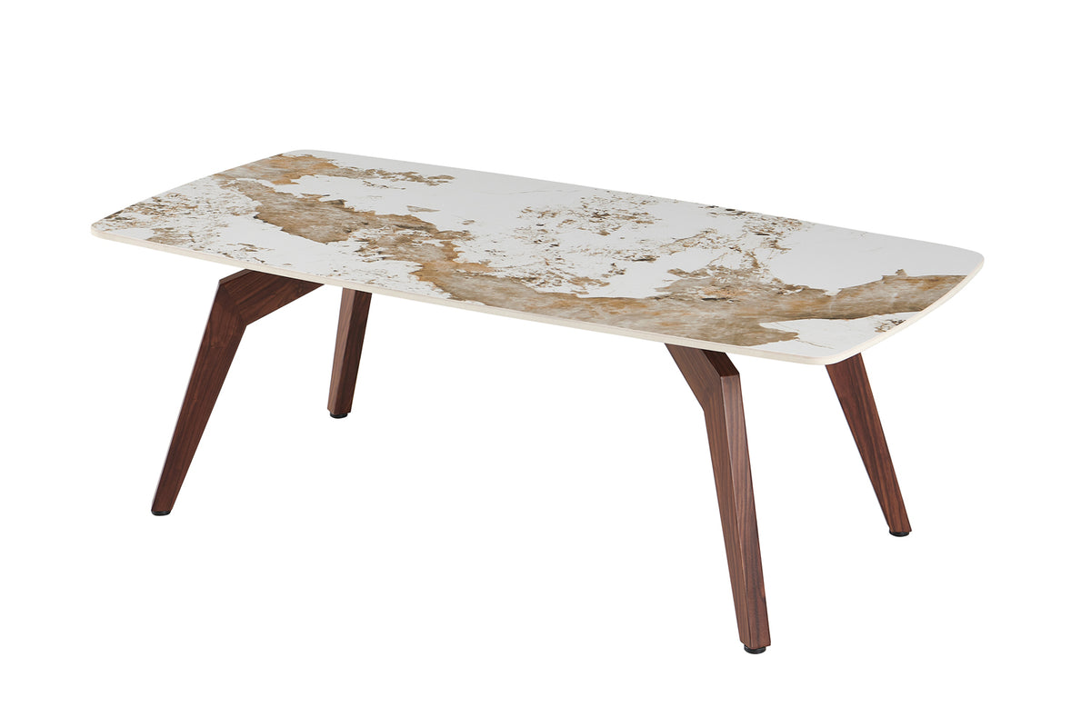 ALMA – Table basse pierre brillante Pandora, pied noyer – 120 x 60 cm