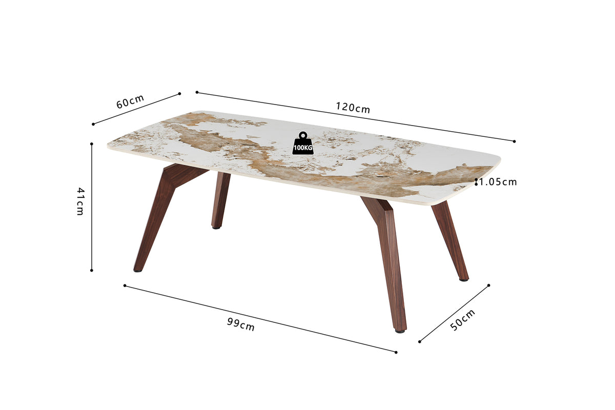 ALMA – Table basse pierre brillante Pandora, pied noyer – 120 x 60 cm