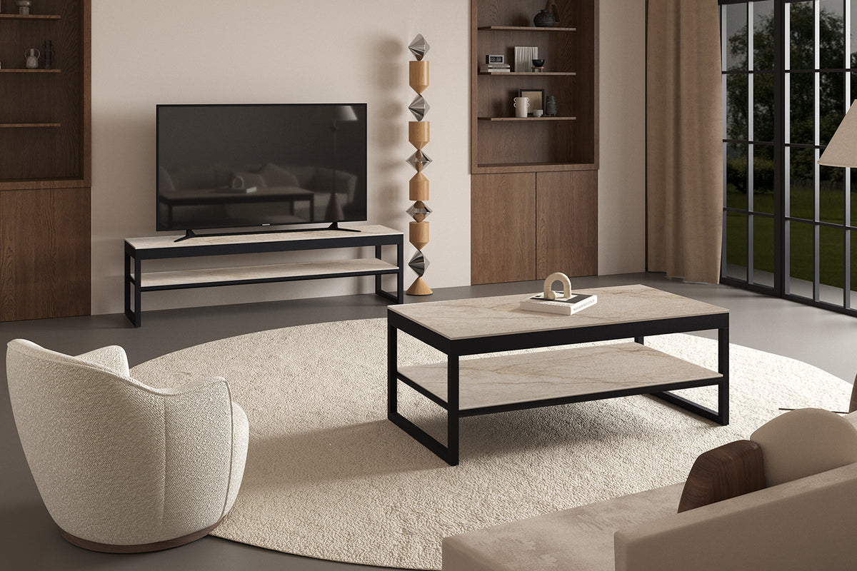 AXELLE – Table basse à plateau relevable effet pierre brillante