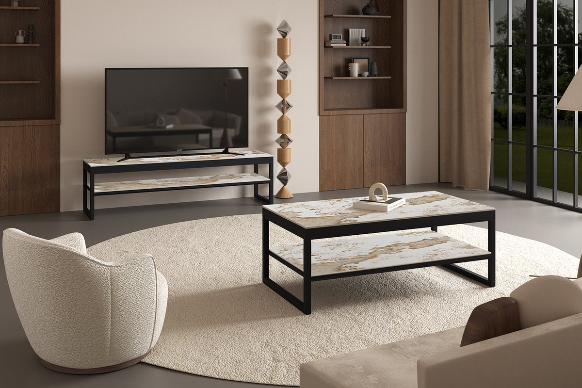 AXELLE – Table basse à plateau relevable effet pierre brillante