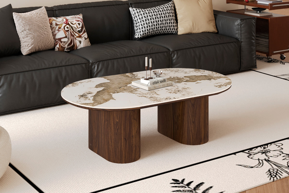 TOMAR – Table basse ovale chêne fumé et pierre brillante Pandora