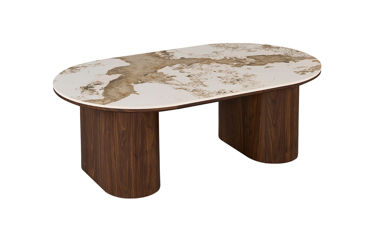 TOMAR – Table basse ovale chêne fumé et pierre brillante Pandora