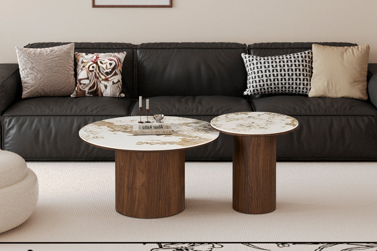 TOMAR – Set de tables basses rondes chêne fumé et pierre Pandora