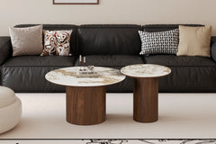 TOMAR – Set de tables basses rondes chêne fumé et pierre Pandora