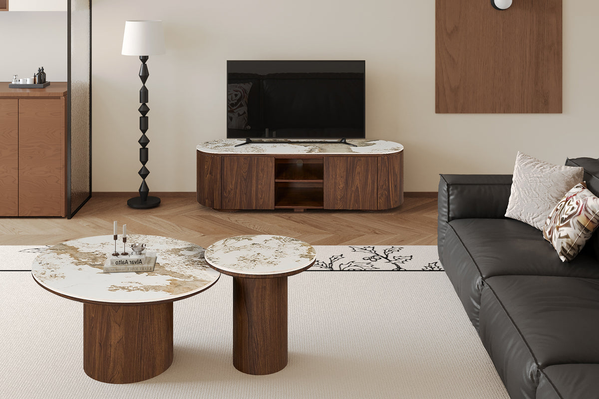 TOMAR – Set de tables basses rondes chêne fumé et pierre Pandora