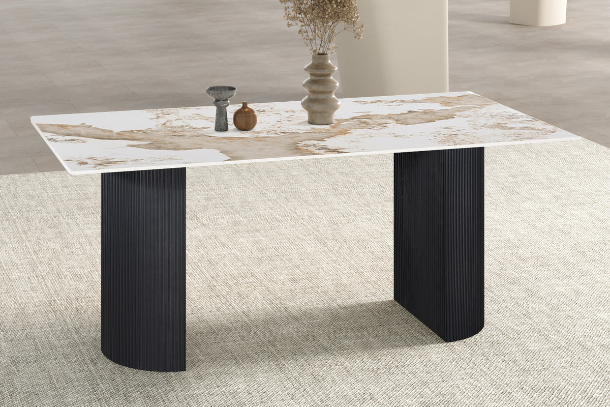LOUSA – Table à manger pierre brillante, pied métal noir – 180 cm