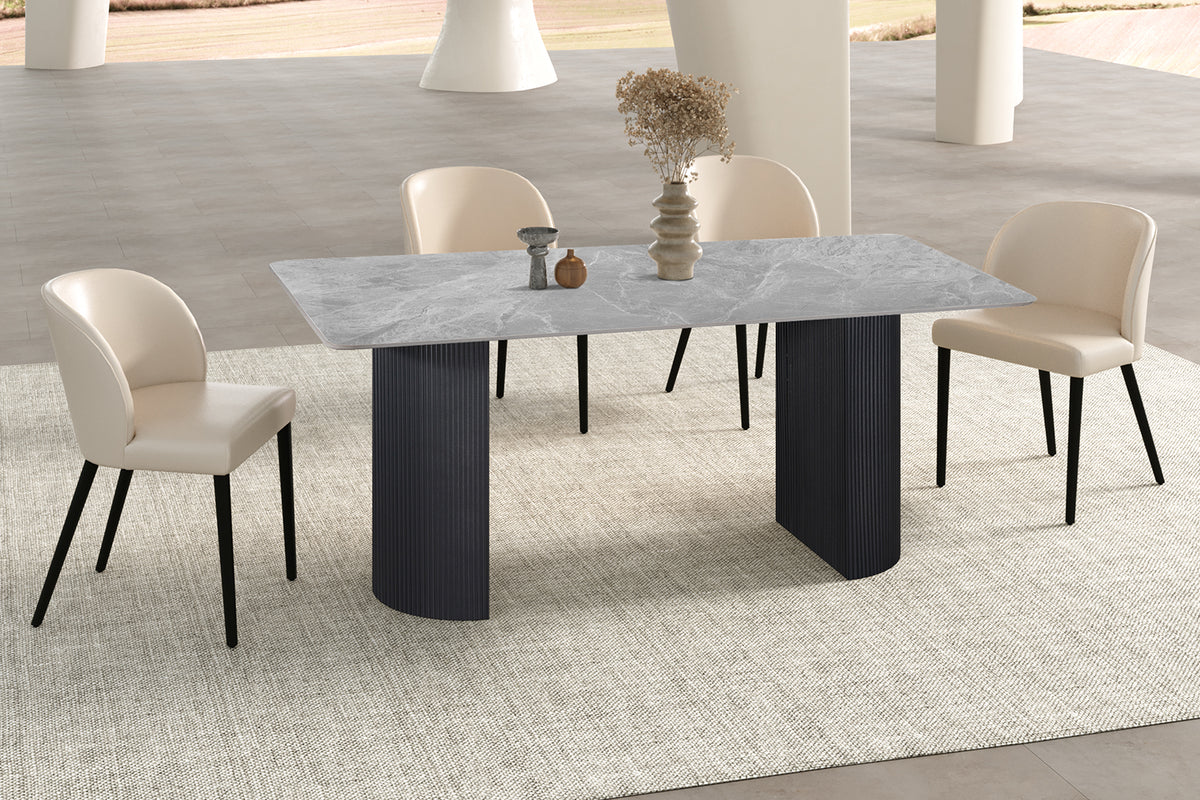 LOUSA – Table à manger pierre brillante, pied métal noir – 180 cm