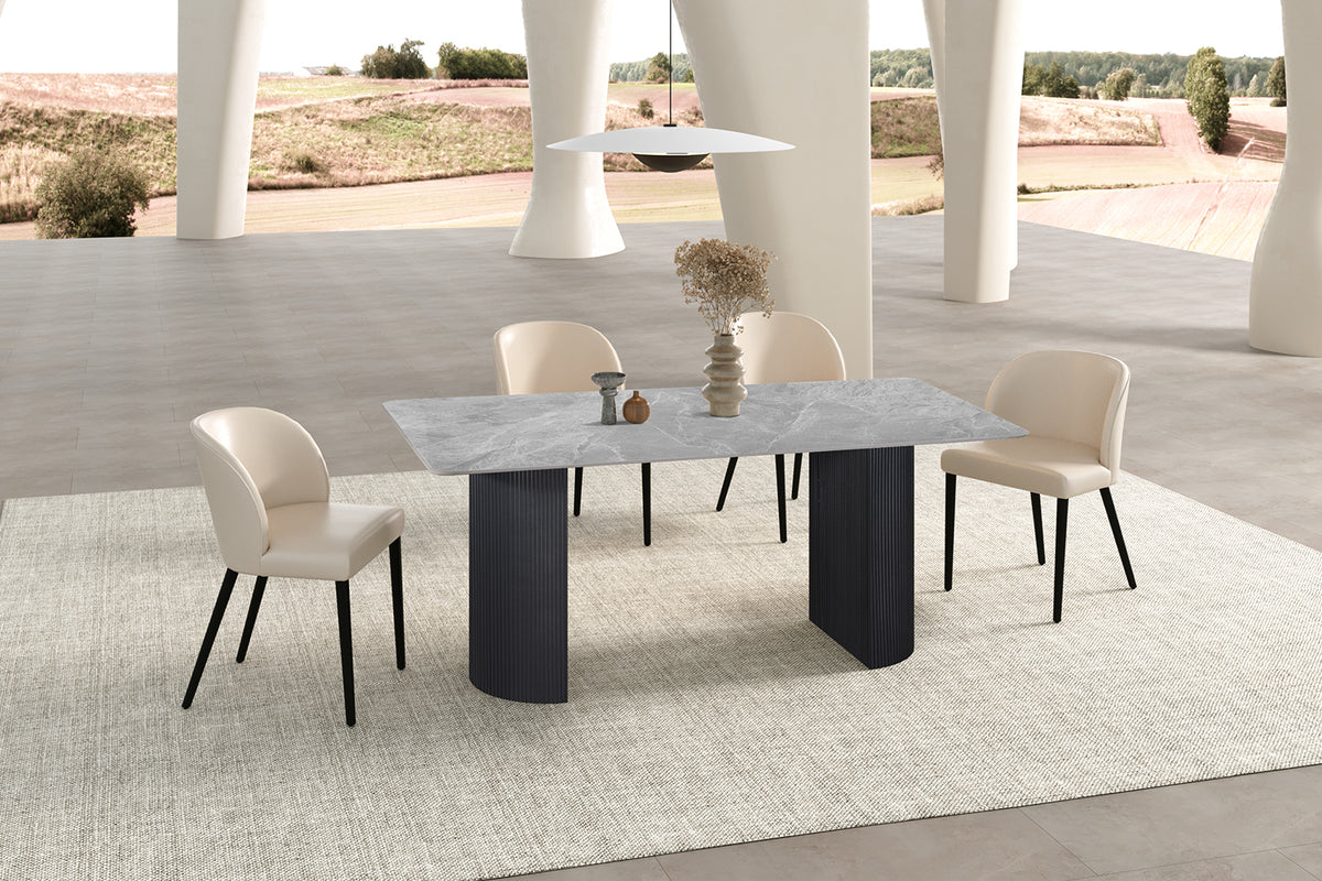 LOUSA – Table à manger pierre brillante, pied métal noir – 180 cm