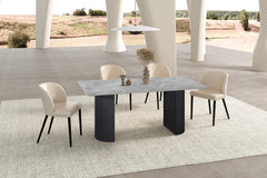 LOUSA – Table à manger pierre brillante, pied métal noir – 180 cm