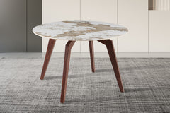 ALMA – Table à manger pierre brillante Pandora, pied noyer
