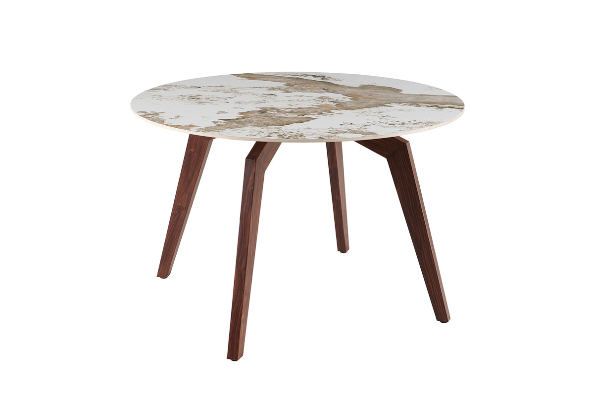 ALMA – Table à manger pierre brillante Pandora, pied noyer