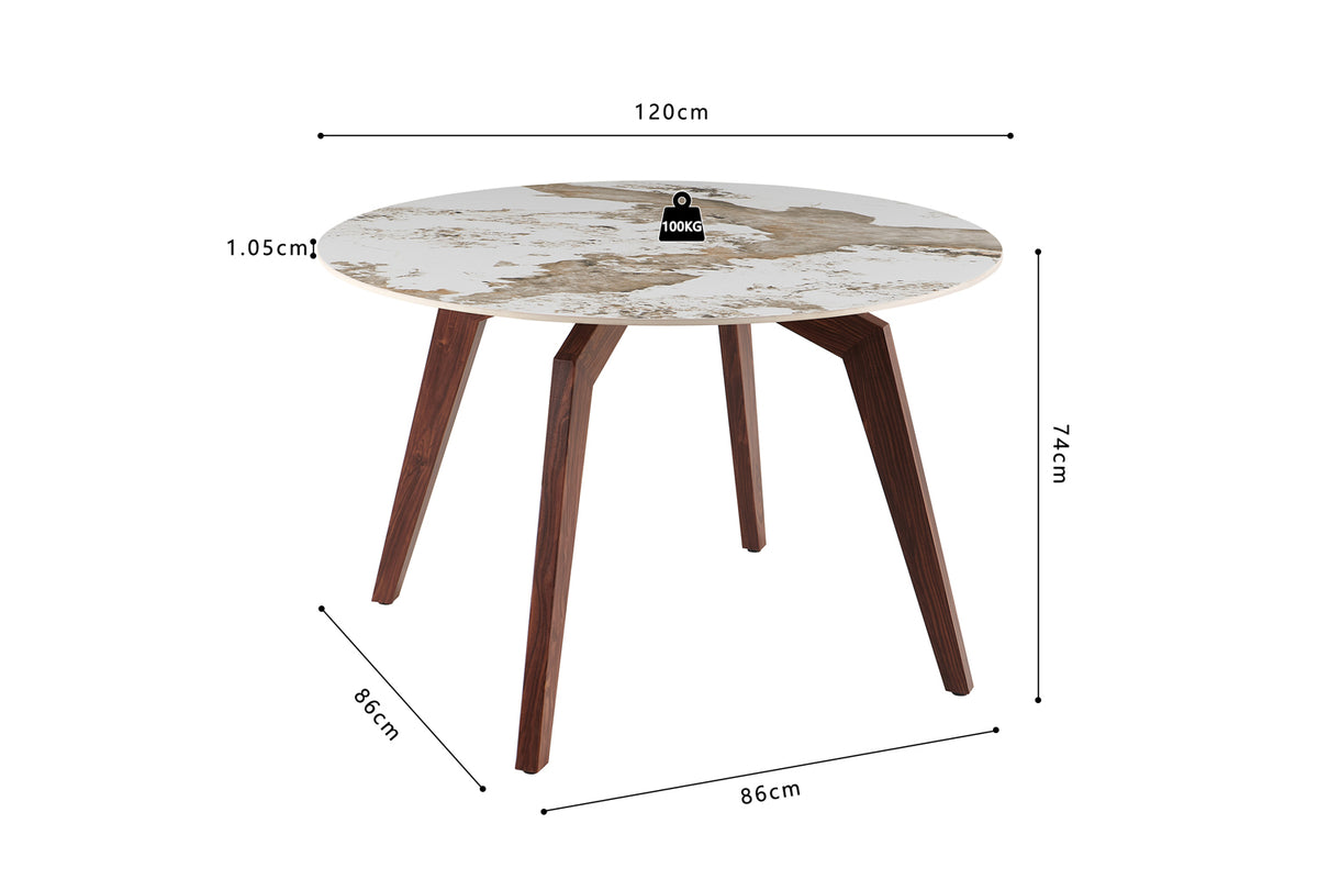 ALMA – Table à manger pierre brillante Pandora, pied noyer