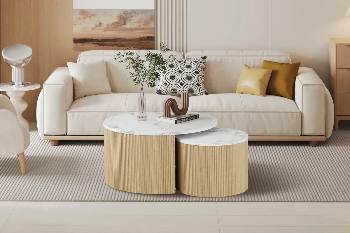 Table Basse Gigogne Ronde en Effet Marbre Beige ROWANE - H : 42/37cm