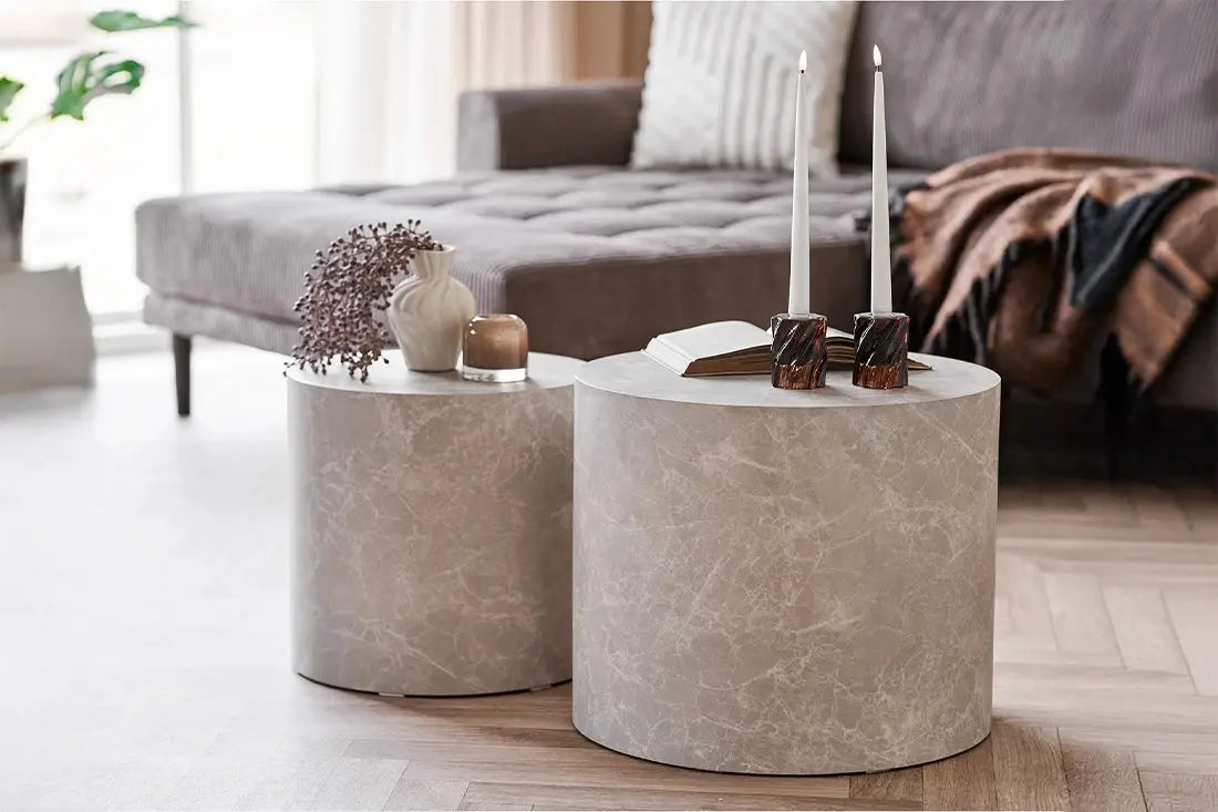 PERLA – Tables basses gigognes cylindriques effet marbre beige – H 36/40 cm