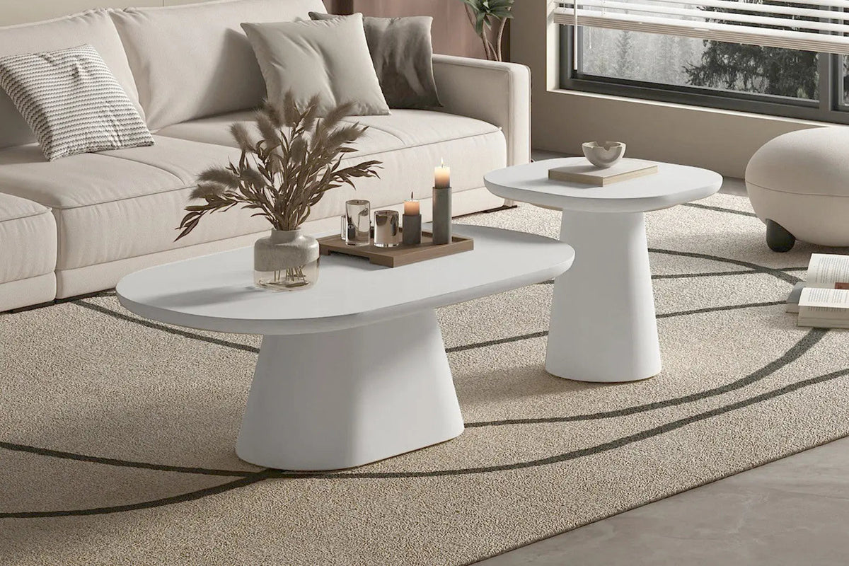 Table Basse Ovale Effet Ciment Ecru TAVINA - 55 cm